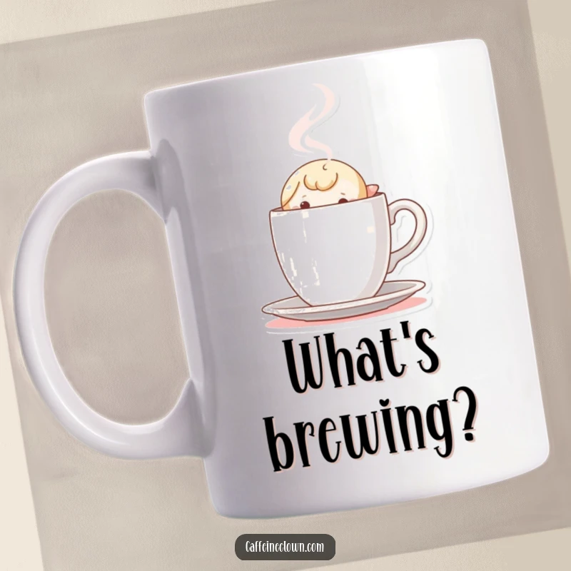 Funny Mug: Tiny character peeking out from behind a steaming coffee cup with wide eyes, expressing curiosity.