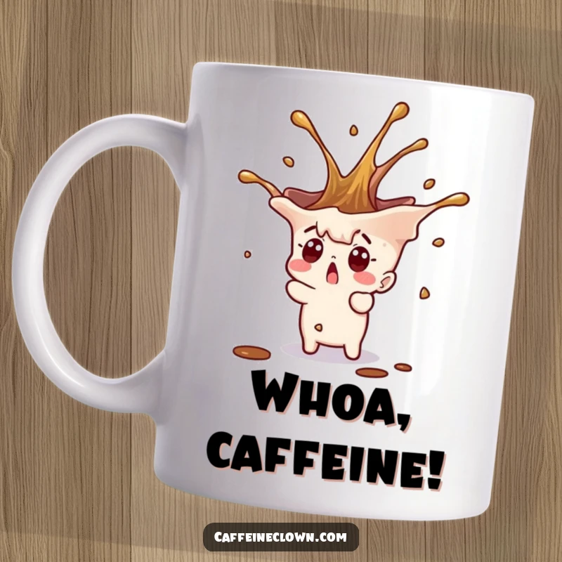 Funny tiny character with a surprised face, depicted with a coffee splash erupting upwards on a mug.
