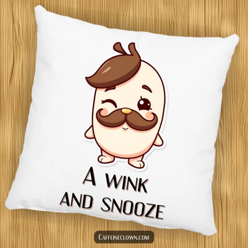 Funny pillow featuring a character with a coffee mustache giving a cheeky wink, offering comfort and a touch of playful sophistication.