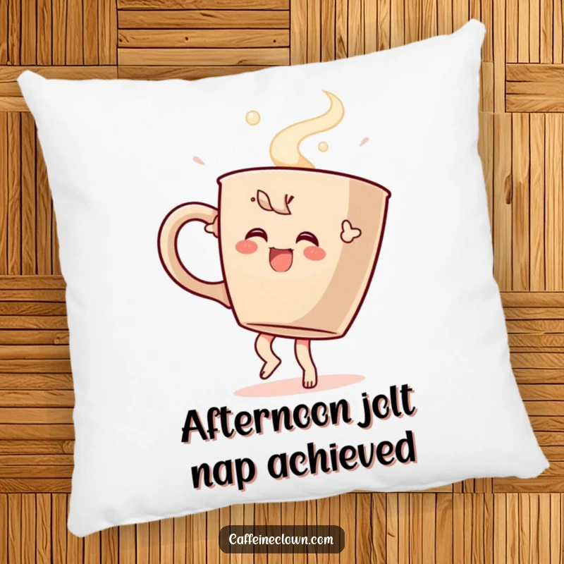 Funny pillow showcasing a character in a celebratory dance with a large steaming coffee cup, offering comfort and a dose of caffeine cheer.