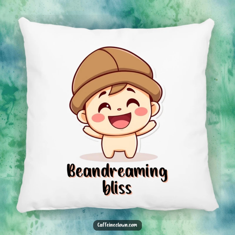Funny kawaii character with a coffee bean hat, shown smiling warmly on a plush, decorative pillow.