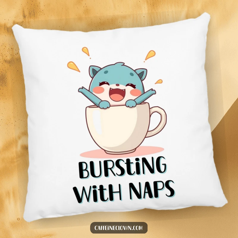 Funny pillow with a delighted character joyfully bursting out of a steaming coffee cup, offering soft comfort and humorous delight.