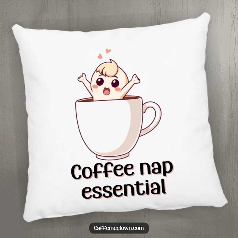 Funny Pillow: A comical character explosively jumps out of a giant steaming coffee cup, offering a soft landing for laughter and relaxation.