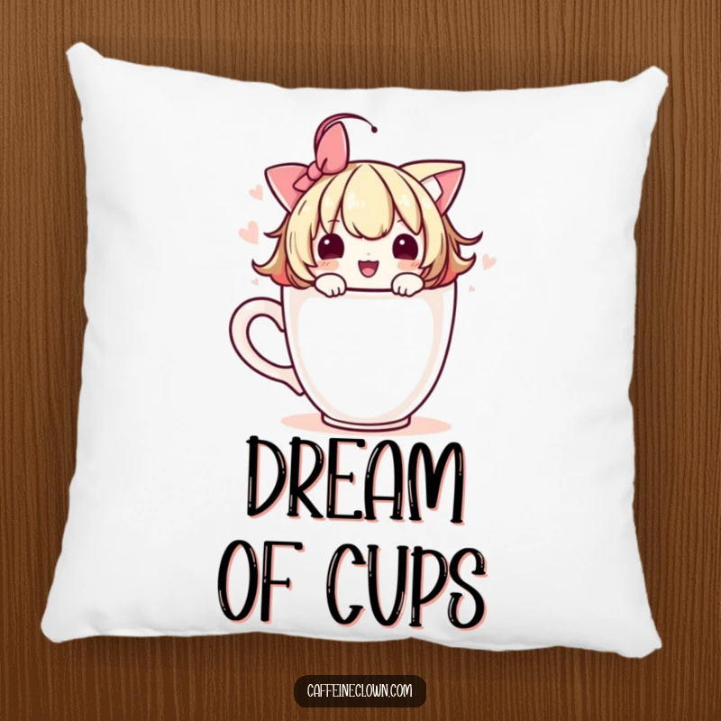 Funny pillow with a cute character adorning a coffee cup with a playful flourish, adding comfort and whimsical decor.