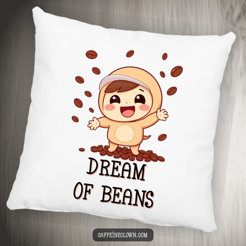 Funny pillow with a cute character joyfully juggling coffee beans, perfect for adding a touch of whimsy and comfort to any couch or bed.