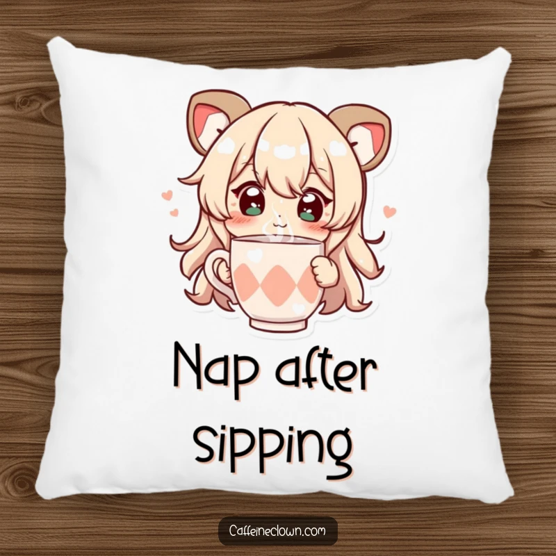 Funny pillow featuring a character with sparkling eyes, joyfully sipping from a steaming cup, adding comfort and a smile.