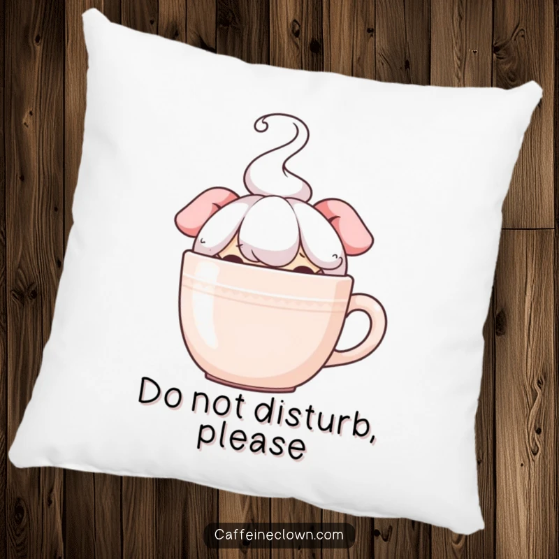 Funny pillow with a character peeking over a steaming coffee cup, adding a touch of stealthy humor and comfort to any seating area.