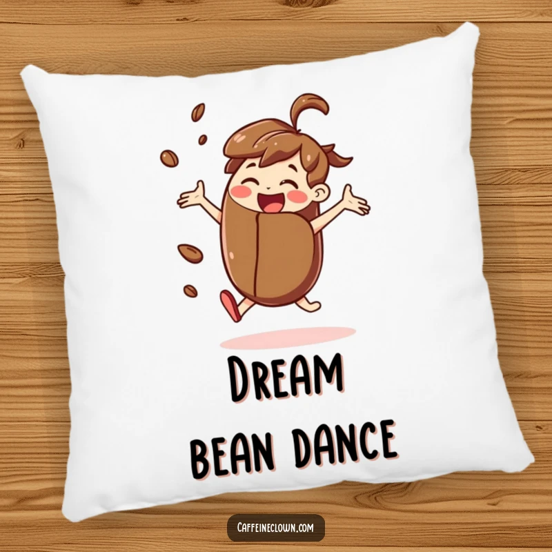 Funny pillow with a joyful character dancing while holding a giant coffee bean, adding comfort and a splash of fun.