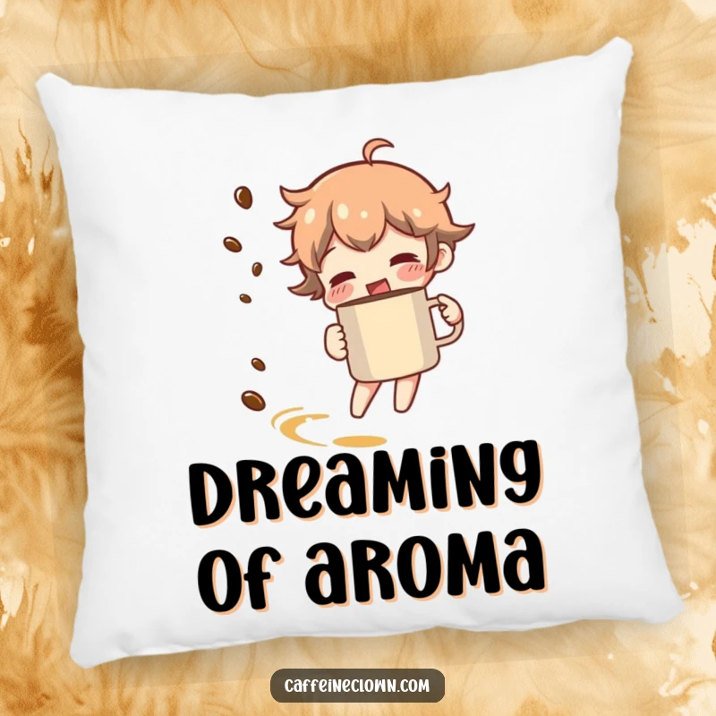 Funny pillow featuring a character spinning with a coffee mug, creating a swirling trail of coffee aroma.