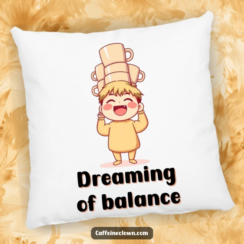 Funny Pillow: A laughing character balances a stack of coffee mugs, offering soft comfort and a humorous touch to any room.