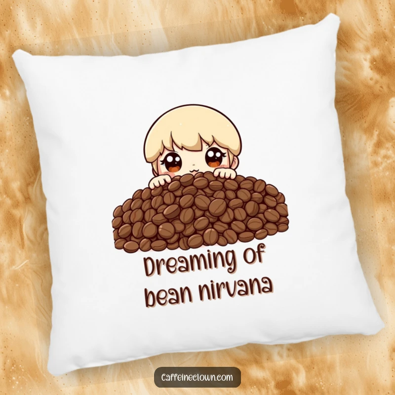 Funny pillow featuring a character peeking over a huge mountain of coffee beans with excited eyes, offering comfort and coffee-themed cheer.
