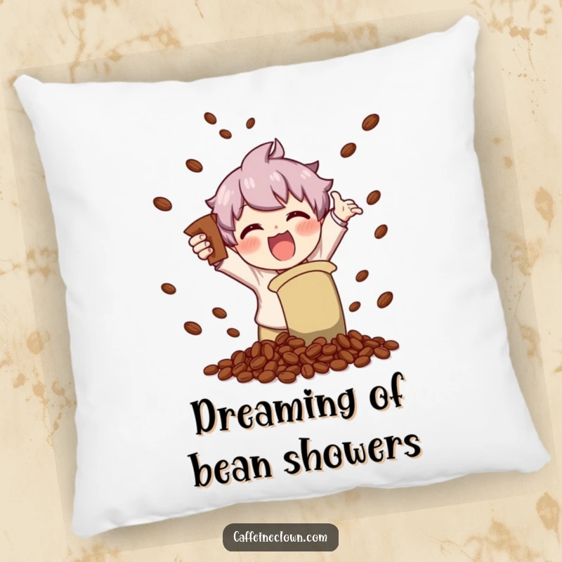 Funny throw pillow depicting a character enthusiastically shaking a coffee bag, scattering beans with a look of pure, contagious glee.