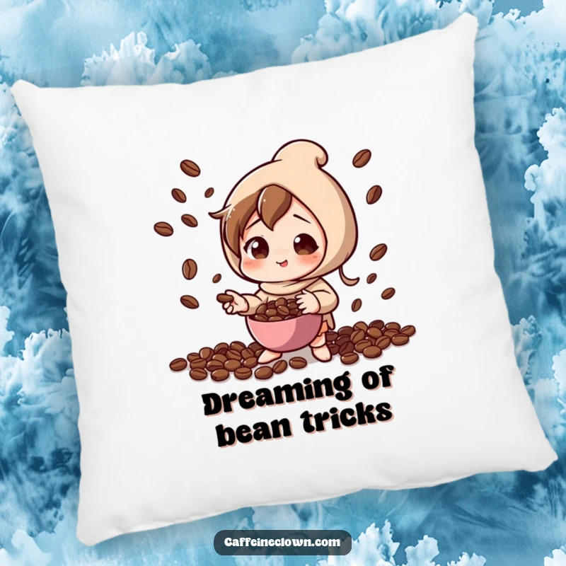 Funny pillow featuring a character in playful concentration, juggling coffee beans, offering comfort and a symbol of impressive multitasking.