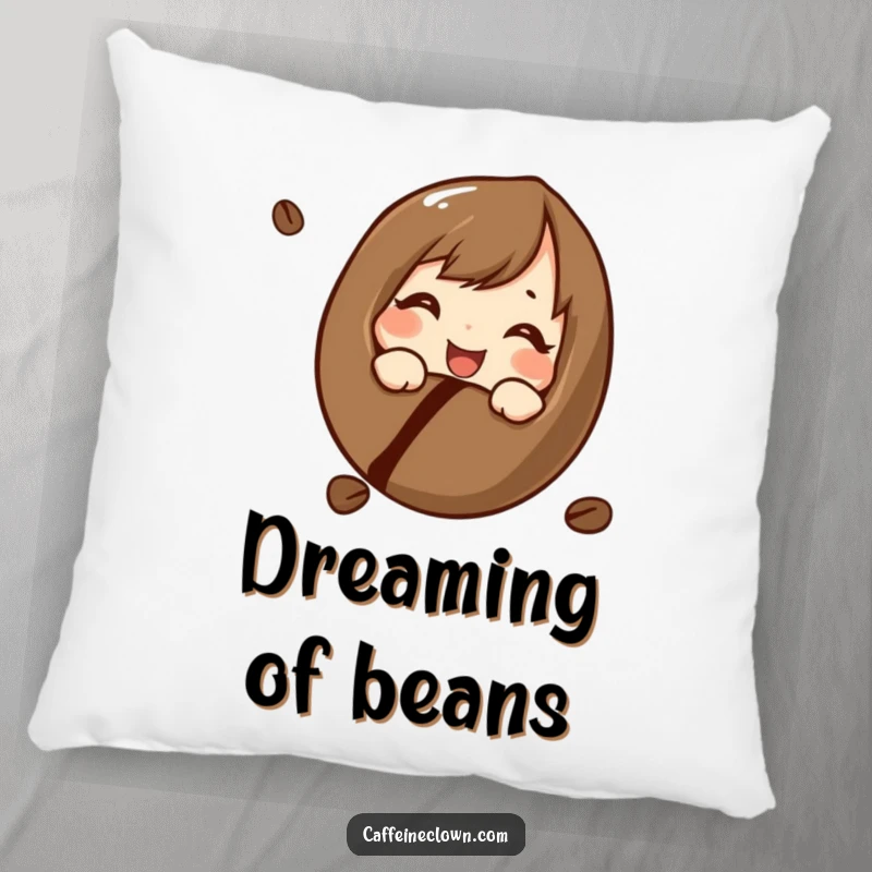 Funny pillow with a character curiously and cheerfully looking at a coffee bean, perfect for adding humorous comfort and coffee appreciation.