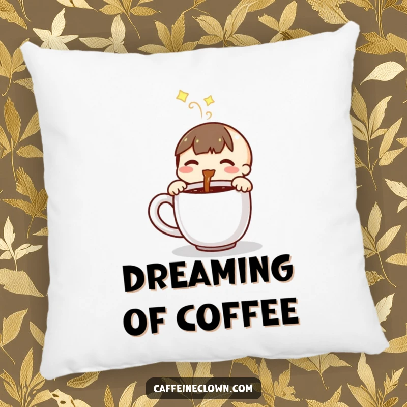 Funny pillow featuring a small character joyfully pouring steaming coffee into a mug, ideal for coffee lovers.