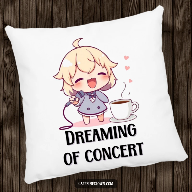 Funny throw pillow with a character singing joyfully into a spoon mic, coffee nearby, perfect for music and coffee lovers.