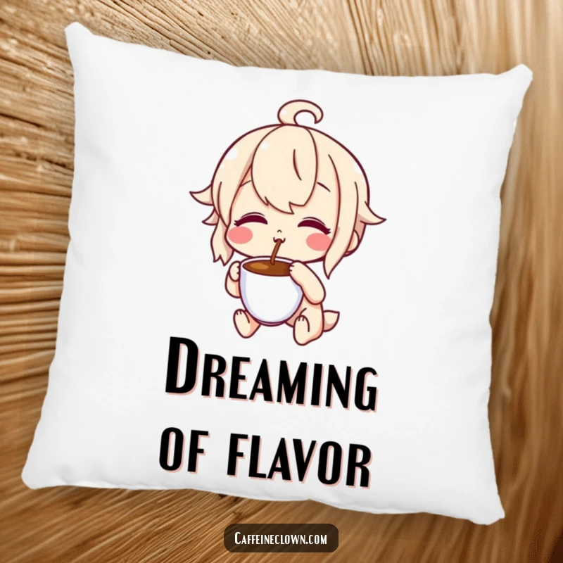 Funny pillow with a character making a delighted, puckered face tasting coffee, perfect for adding humorous comfort and coffee appreciation.