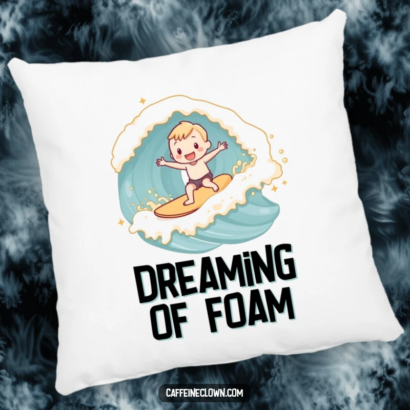 Funny adorable subject joyfully surfing a wave made of latte foam on a plush and comfortable decorative pillow.