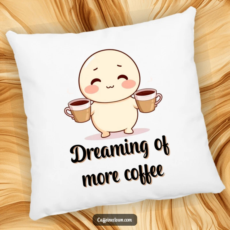 Funny pillow with a cute, round character with rosy cheeks juggling three steaming coffee cups, designed for cozy comfort and humor.