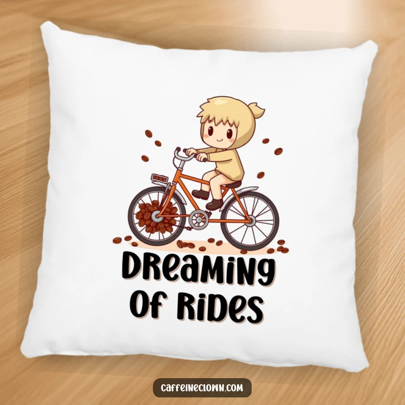 Funny whimsical character attempting to pedal a bicycle powered by coffee beans on a plush and comfortable decorative pillow.