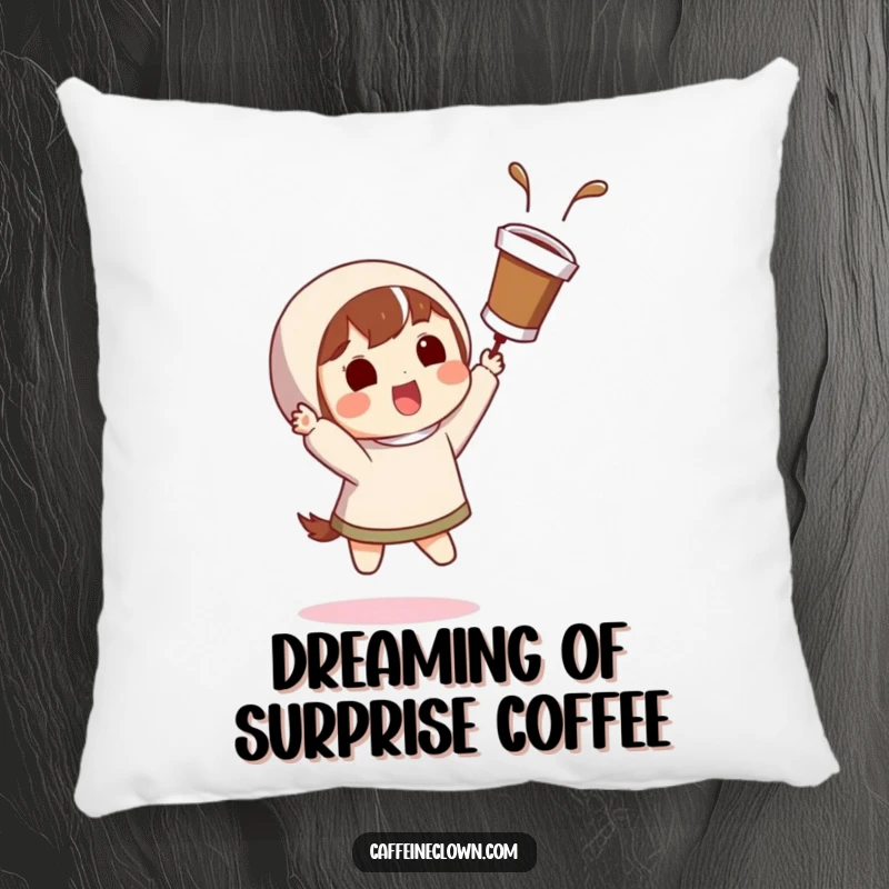 Funny, soft pillow with a character catching a flying coffee cup with a surprised grin, offering humorous comfort.