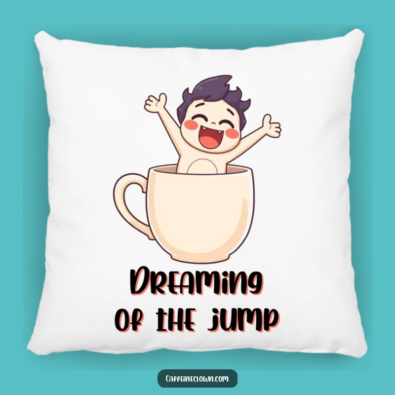 Funny Accent Pillow: Character's Coffee Mug Leap Fun!