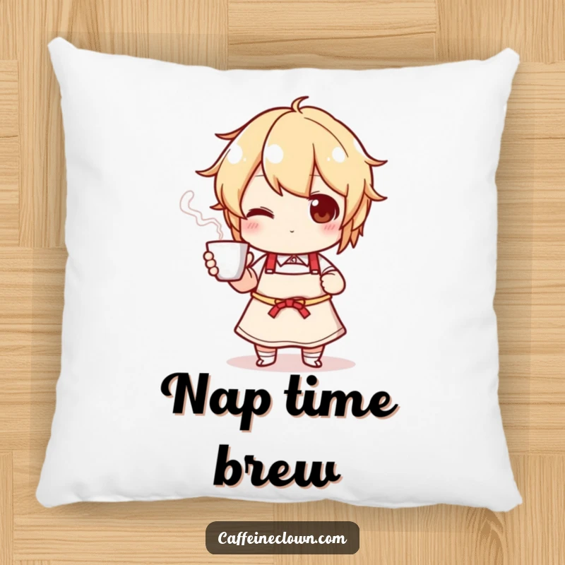 Funny pillow featuring a character in an apron proudly presenting a steaming cup, perfect for adding kitchen-themed humor.