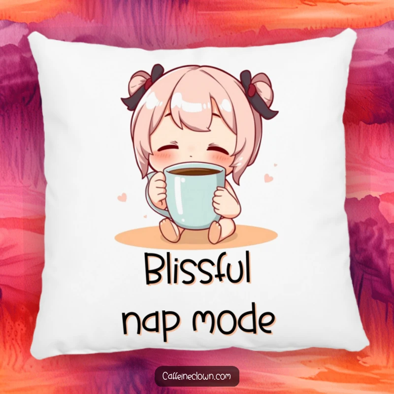 Funny, soft pillow with a character sipping coffee with eyes closed in pure bliss, offering humorous comfort.