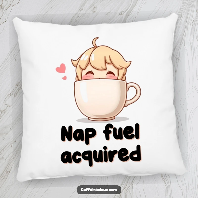 Funny pillow featuring a blushing character happily sipping from a comically oversized coffee cup, perfect for cozy spaces.