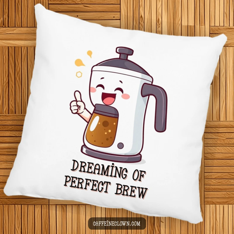 Funny pillow featuring a character excitedly pointing at a bubbling coffee pot, perfect for adding a cozy and humorous coffee-themed touch.