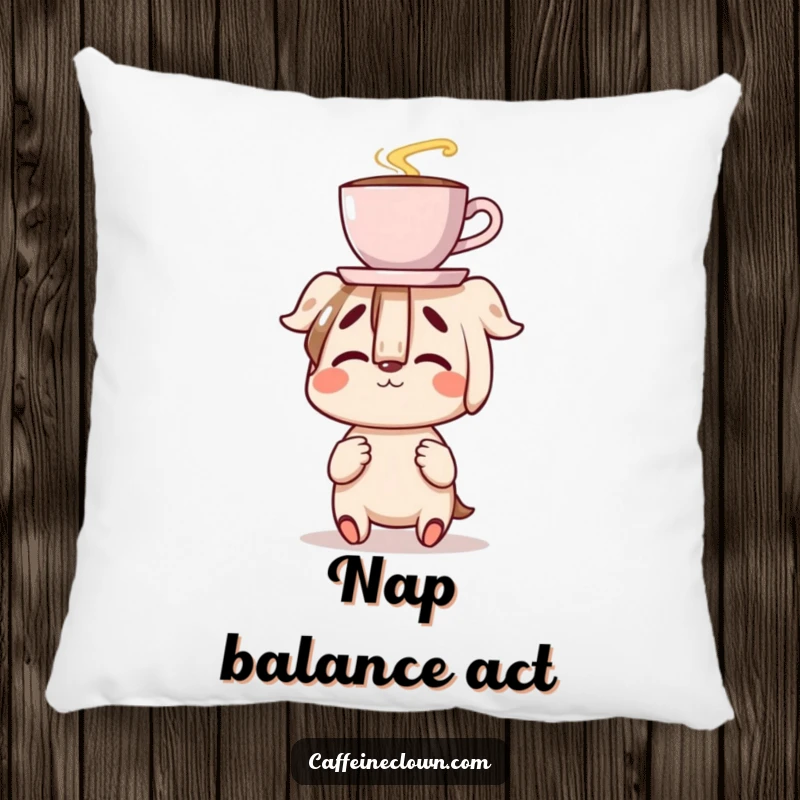 Funny pillow with a character clumsily balancing a coffee cup on their nose, perfect for adding humorous comfort and a touch of clumsy delight.