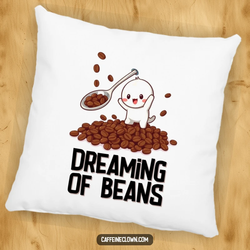 Funny pillow featuring a playful character using a giant spoon to catch falling coffee beans, offering soft, humorous comfort.