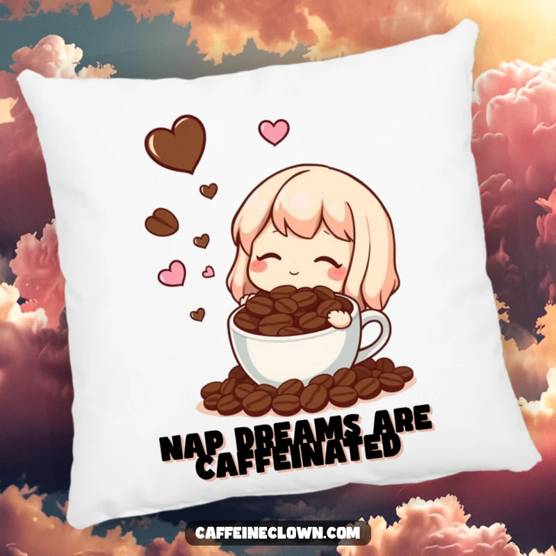 Funny, soft pillow with a character dreaming of coffee beans and hearts, offering humorous comfort and coffee-themed decor.