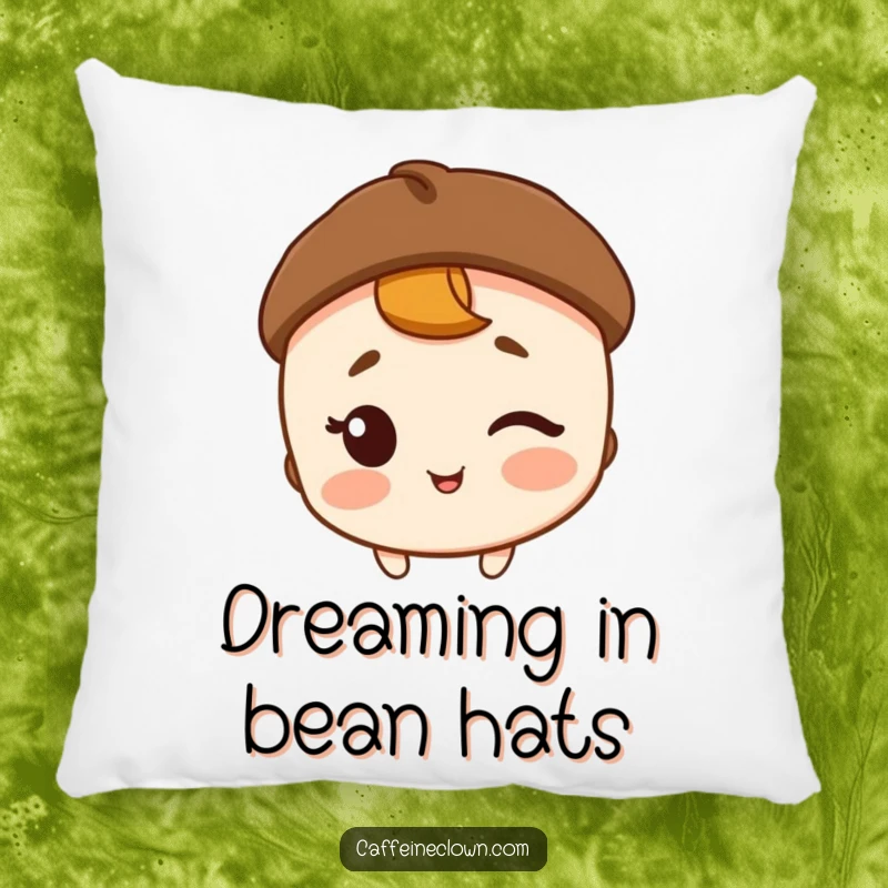 Funny, soft pillow with a winking character in a coffee bean hat, offering humorous comfort and coffee-themed decor.