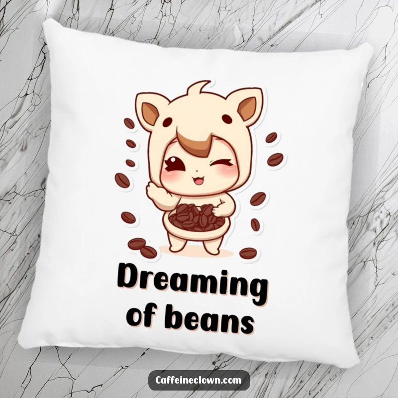 Funny Pillow: Character winking with a smirk while juggling coffee beans, a soft and humorous decorative item.