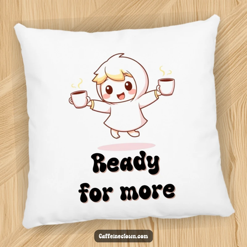 Funny pillow featuring a small, energetic character dancing with two steaming coffee cups, offering soft, humorous comfort and coffee-themed charm.