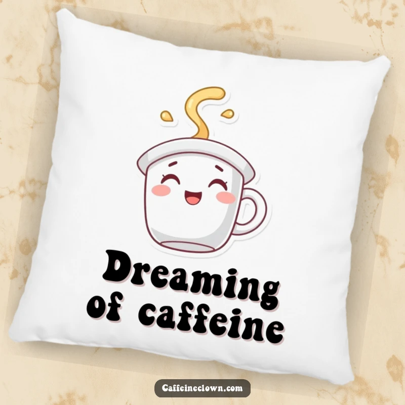Funny Pillow featuring a character with a coffee mug hat, spilling joyful steam, adding a humorous touch.