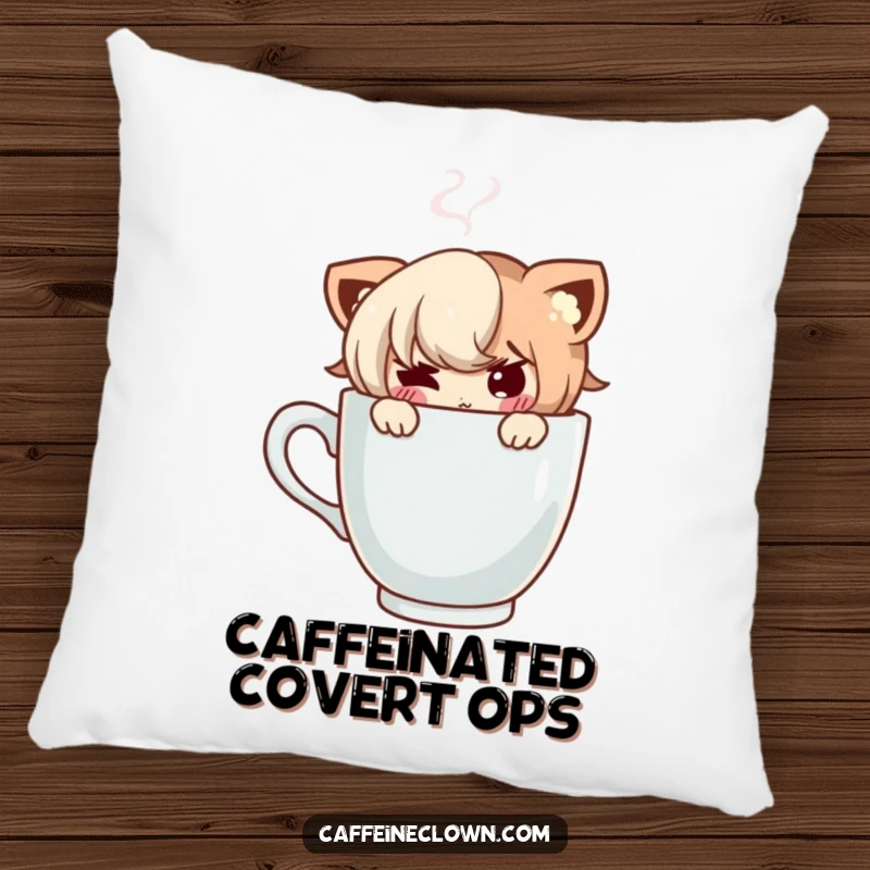 Funny pillow showcasing a mischievous character peeking from a steaming coffee cup, adding a touch of whimsy.