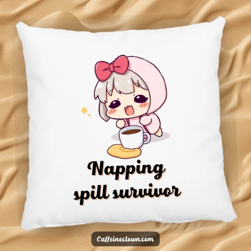 Funny pillow featuring a character tripping and spilling a tiny coffee cup, with a surprised blush, adding charm.