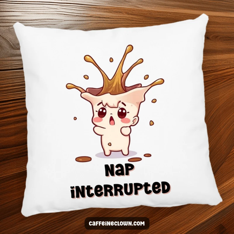Funny tiny character with a surprised expression and a coffee splash erupting upwards, on a comfortable decorative pillow.
