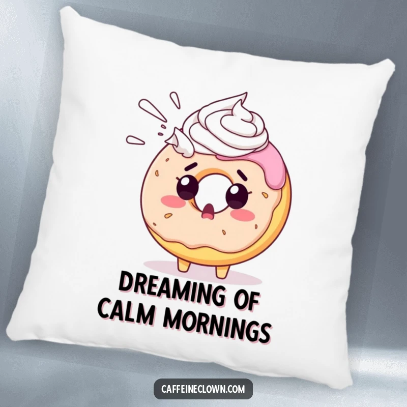 Funny donut pillow with a surprised expression as it's sprayed with whipped cream, a soft and humorous decorative item.