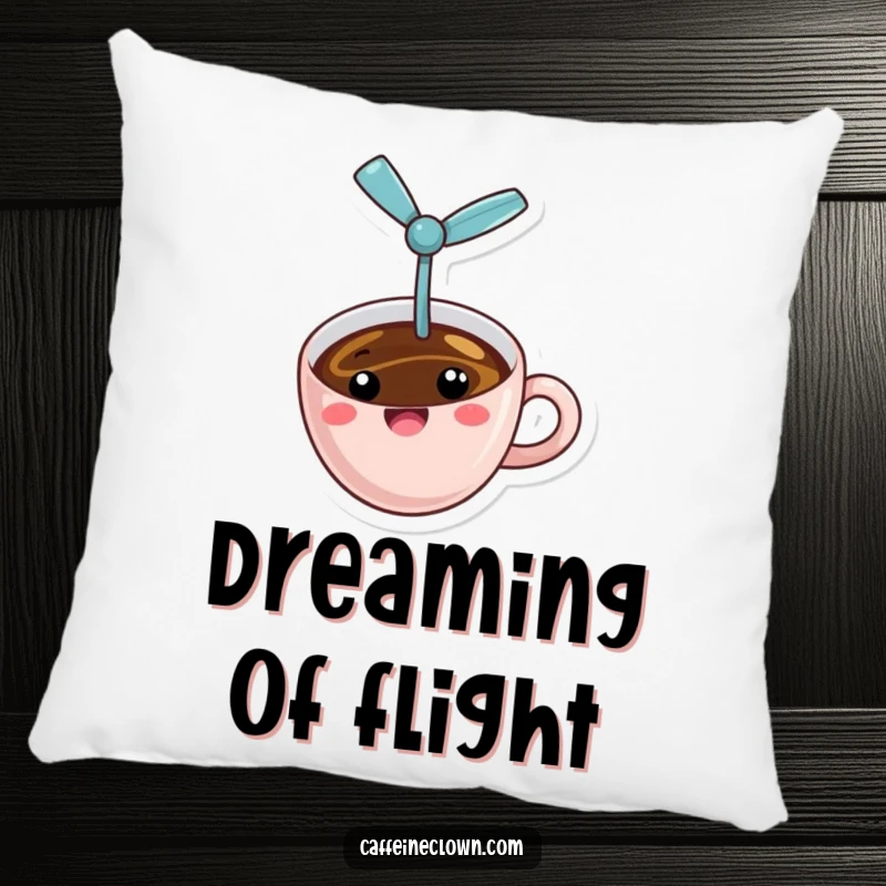 Funny flying coffee pillow with a cheerful coffee cup and a tiny propeller, in mid-air, a soft and humorous decorative item.