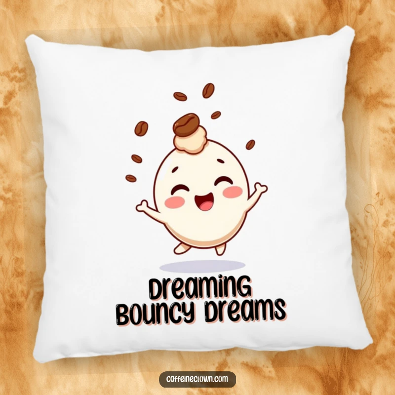 Funny pillow featuring a giggling character bouncing with a coffee bean playfully bouncing on its head, perfect for cozy spaces.