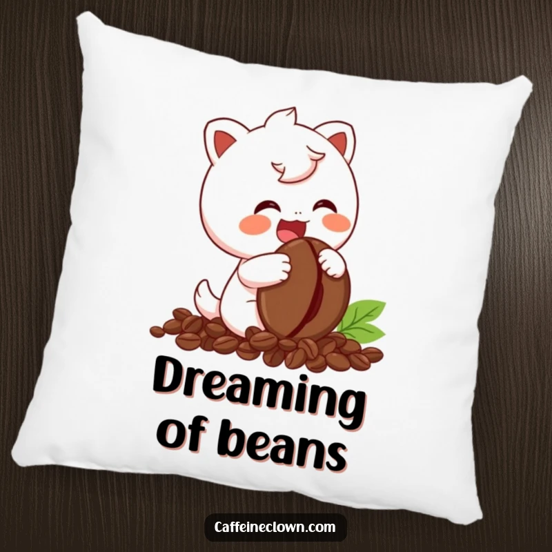 Funny Pillow showing a character giggling hysterically while holding a coffee bean, adding comfort and humor to any room.