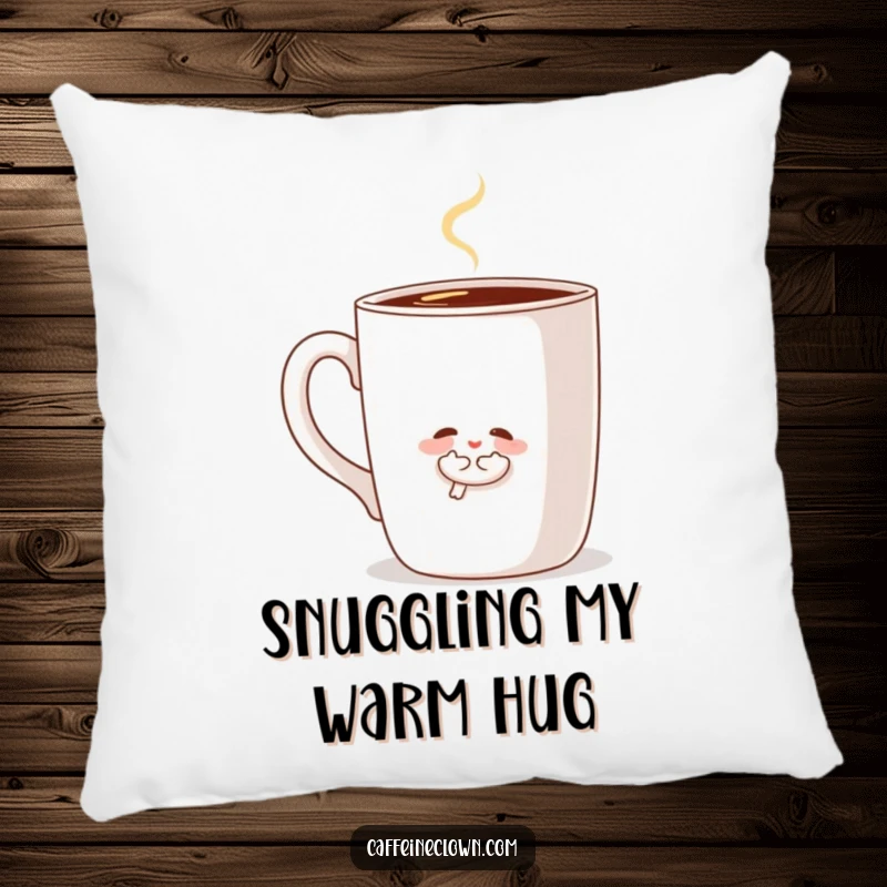Funny pillow with a small character hugging a big, steaming coffee mug, perfect for adding a cozy and humorous accent to any sofa.