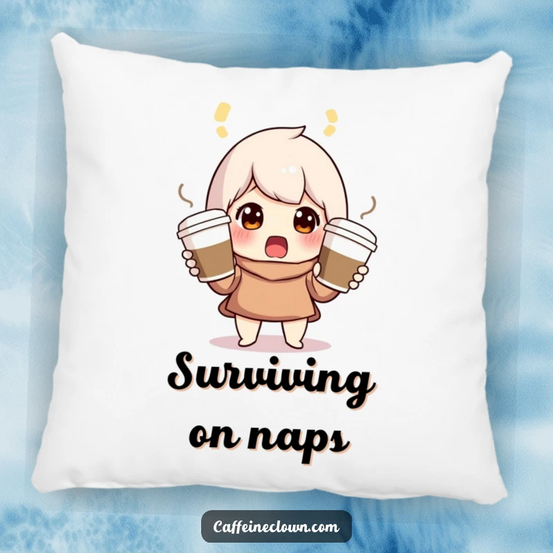 Funny pillow featuring a surprised character juggling three coffee cups, perfect for adding humor to any room.