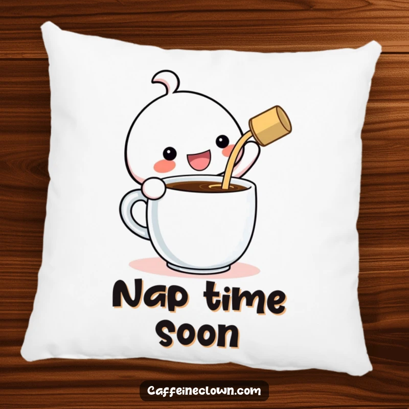 Funny Pillow: Kawaii character gleefully pouring coffee into a gigantic cup, a soft and humorous statement piece.