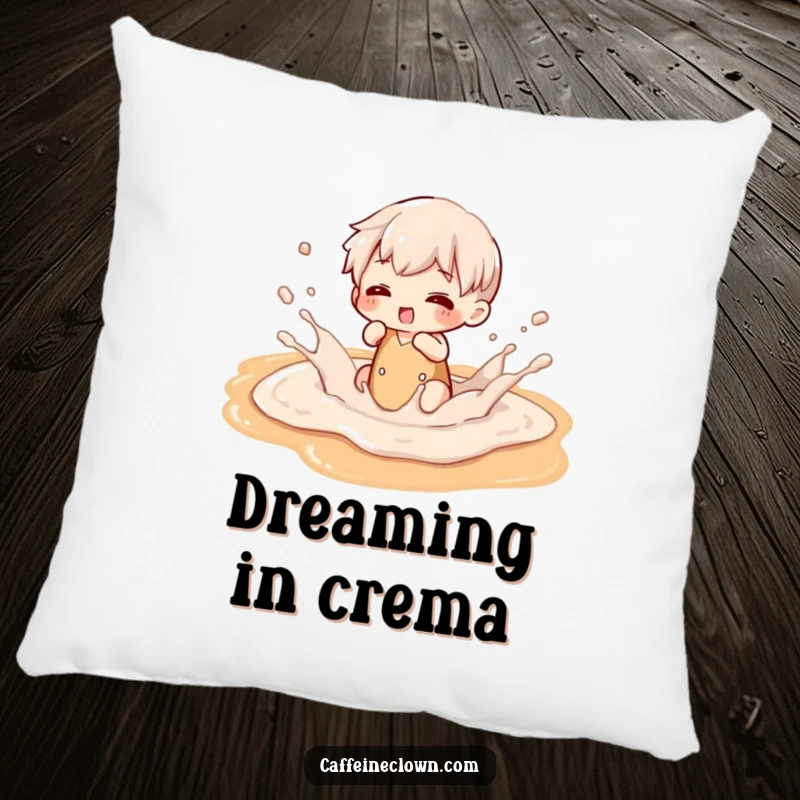 Funny pillow showcasing a character joyfully splashing within a creative latte art design, adding humor to any space.