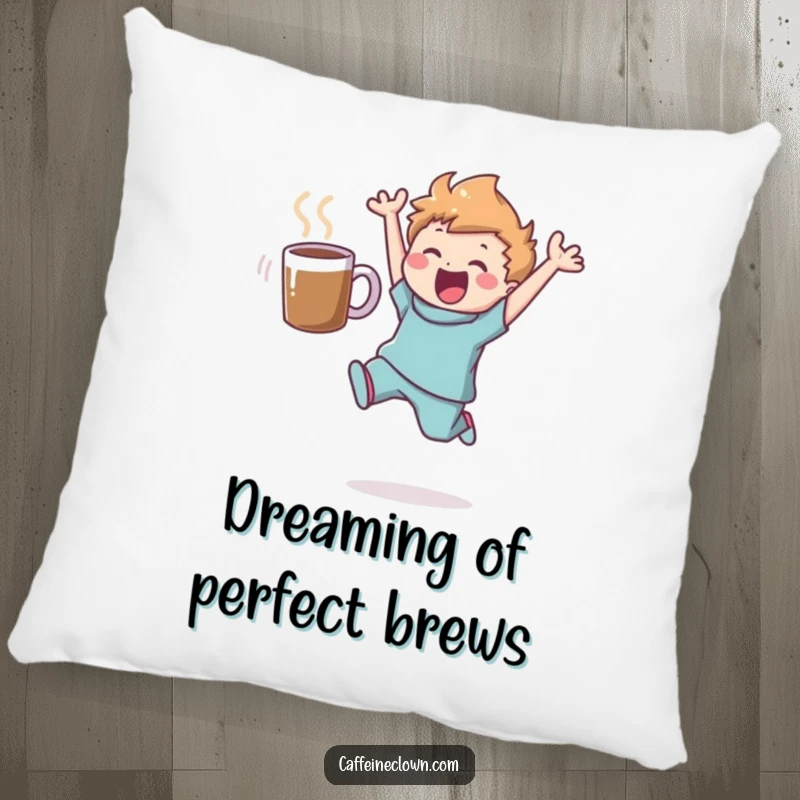 Funny pillow featuring a happy figure leaping with a coffee mug nearby, offering cozy comfort and a humorous touch to any room.
