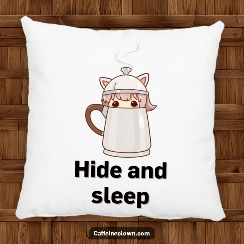 Funny Pillow featuring a character peeking from behind a steaming coffee pot, combining comfort and humor.